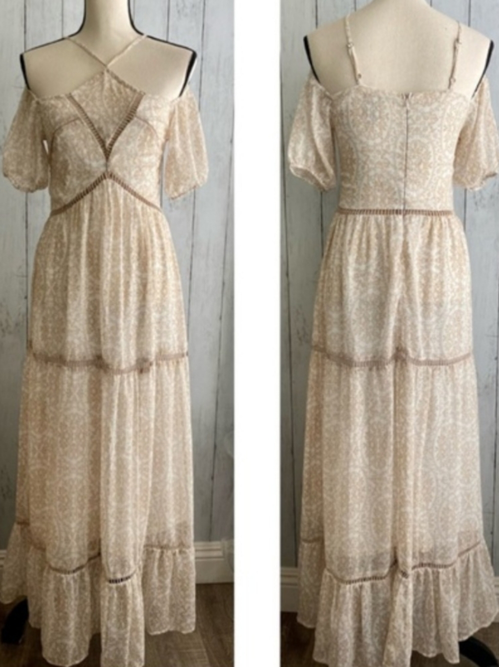 Cream Lace-Trim Off-Shoulder Maxi Dress